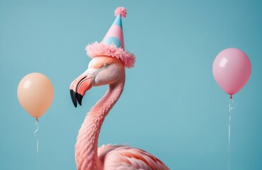 Naklejka premium A vibrant pink flamingo adorned with a colorful party hat stands amidst a cluster of helium balloons, ready to celebrate a joyous occasion.