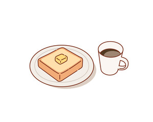 Coffee cup, bread and butter. Breakfast food, morning time concept. Hand drawn style vector design illustrations.
