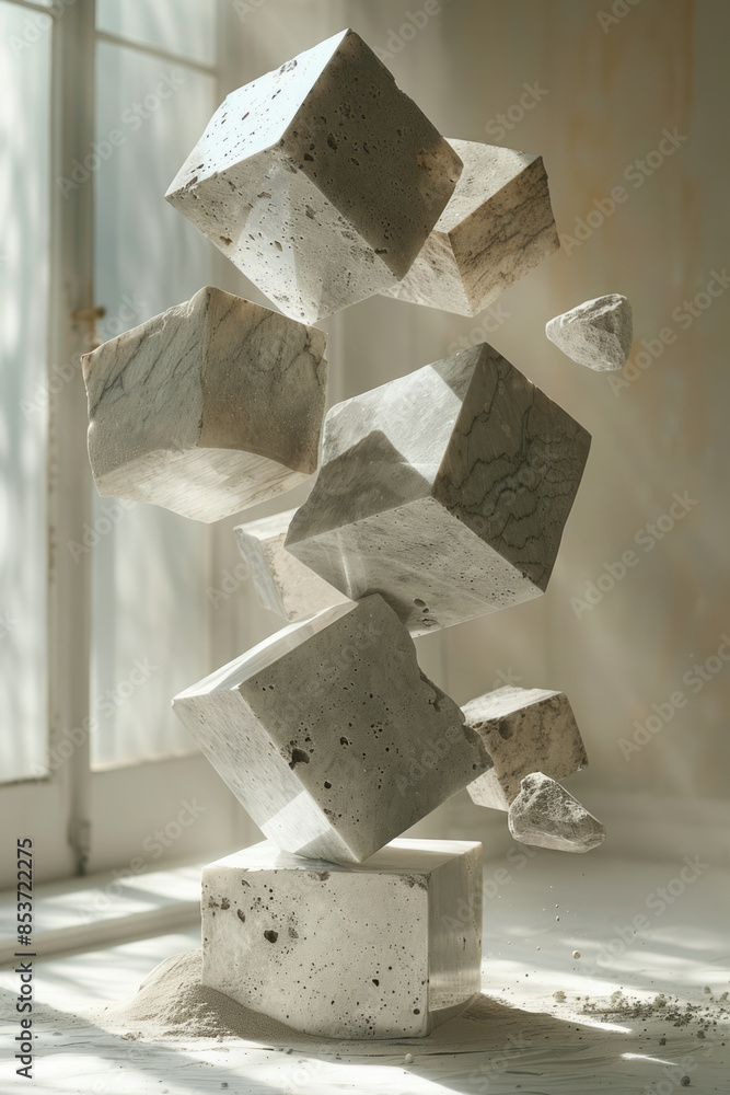 Poster elegant photo of a series of geometric shapes that create the illusion of impossible objects, agains