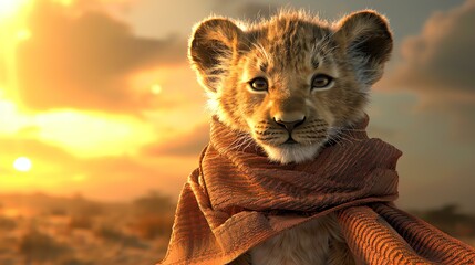 Cute and adorable baby lion cub with a scarf around its neck standing in the middle of the savanna...