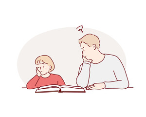 Little sad girl stressed with difficulties mathematics homework with his tired dad.  Hand drawn style vector design illustrations.