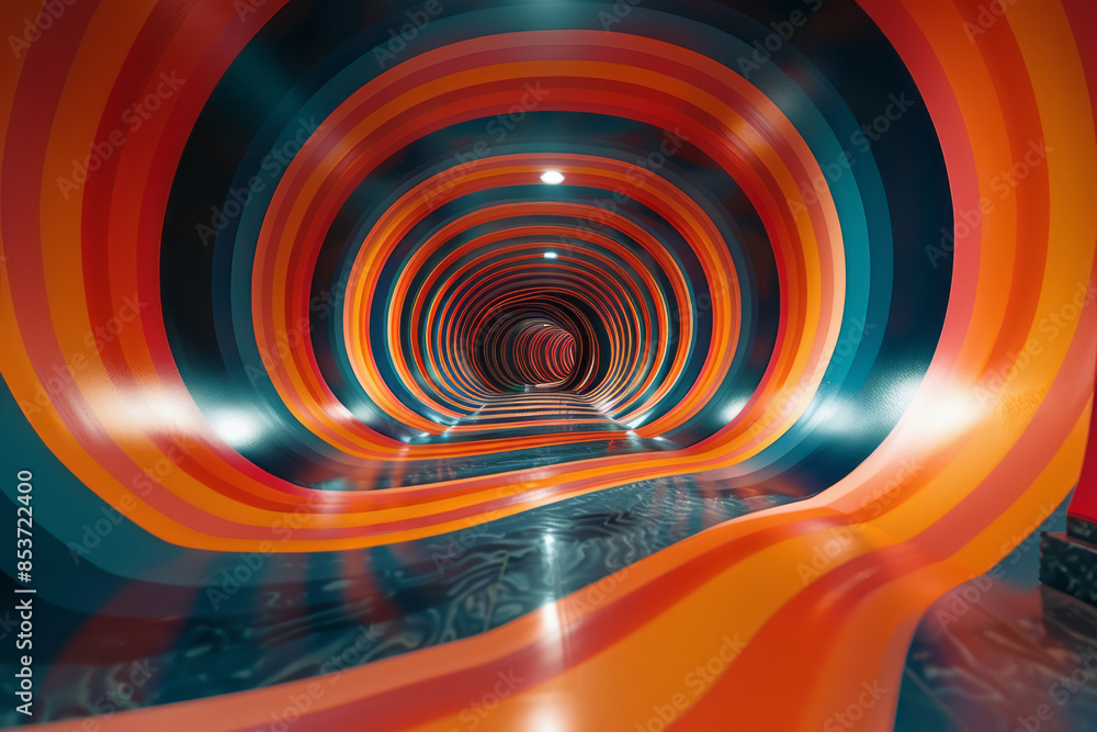 Poster dynamic pattern of colorful lines warping and bending, creating the illusion of a 3d object,