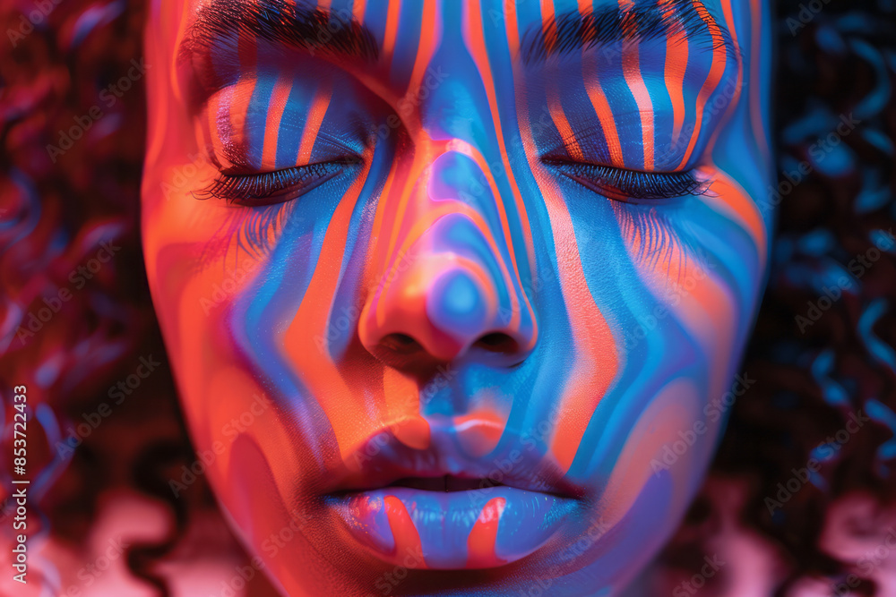 Poster vivid optical illusion with static images in bright colors appearing to move and change form when vi