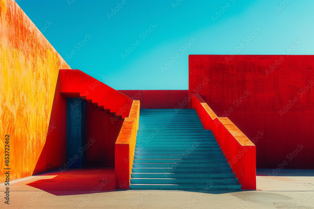Poster bold geometric design with bright colors creating the illusion of depth and dimension against a plai