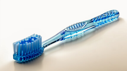 Blue Toothbrush with Soft Bristles, Ergonomic Design on White Background, Close-Up