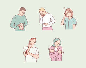 Sick characters set of people with pain and diseases. Hand drawn style vector design illustrations.
