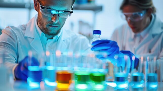 Two chemists collaborate on examining colorful liquid samples in a modern laboratory