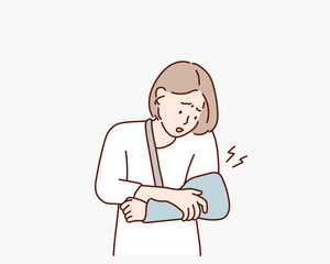  woman with broken hand. Hand drawn style vector design illustrations.