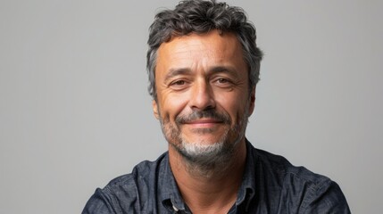 Fototapeta premium Confident professional man smiling for the camera, close-up portrait on white background, captured with Fujifilm in high definition