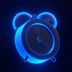 Alarm clock with bright glowing futuristic blue neon lights on black background. 3D icon, sign and symbol. Cartoon minimal style. 3D render illustration