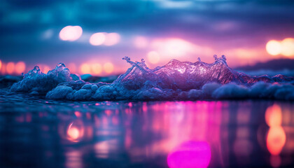 Neon waves. Neon glow of the ocean. Coastal waves illuminated by coastal lights