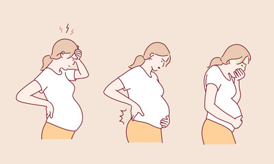 Pregnancy symptoms. Different types of discomfort during pregnancy. Pregnant female conditions. Hand drawn style vector design illustrations.