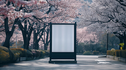 Springtime plain blank white billboard mock up sign Sakura blossoms background mockup Japan cherry trees pink street urban walkway pretty advertising banner board ad marketing signage beauty romance
