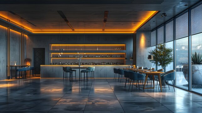 Modern and stylish bar interior with ambient lighting and panoramic windows overlooking a cityscape at dusk 