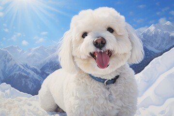 Portrait of a smiling bichon frise over pristine snowy mountain