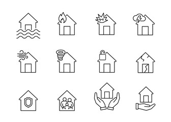 Natural disaster and insurance house, line icon. Flood, fire, explosion, strong wind, burglary and other accident. Home protection and security. Vector sign