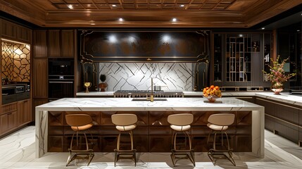 Elegant and spacious modern kitchen interior with marble countertops and luxury finishes. 