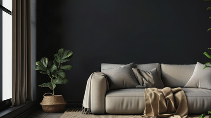 Contemporary living room interior design in dark colors.