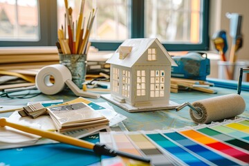 A desk in a hardware store with a model house, paint brushes, rollers, tape, and color swatches. Generative AI