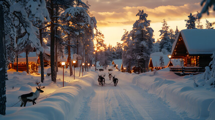 A magical Lapland landscape with reindeer, husky sledding, and the Santa Claus Village, capturing the essence of a polar winter.