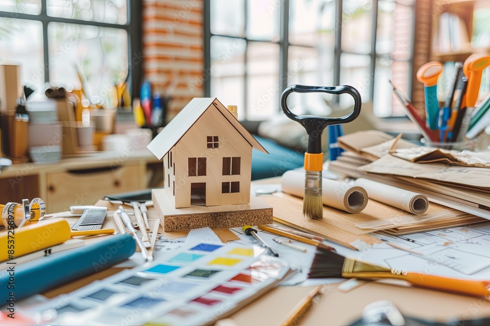 Poster a model house sits on a desk with paint brushes, rollers, tape, and color swatches. the tools are pa