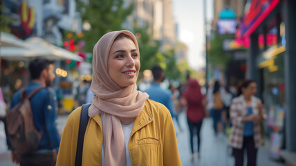 A hijabi woman confidently walking through a bustling crowd, illustrating a modern businesswoman in an urban setting, as people pass by in a busy street corridor.