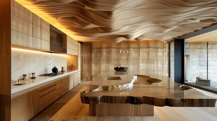 Contemporary kitchen design with sculptural wood ceiling and elegant furnishings 