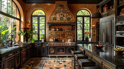 Obraz premium Luxurious traditional kitchen interior with ornate details and modern appliances, exuding warmth and elegance. 