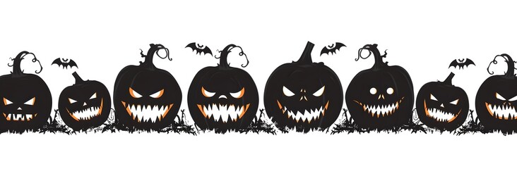 Fototapeta premium Vector illustration of row silhouette jack o lanterns pumpkins isolated on white background with blank space for text.