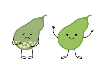Gallbladder sick sad with stones and happy healthy character. Cholecystitis, gallstone disease. Vector illustration