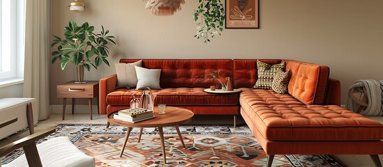 Cozy living room with a burnt orange sectional sofa, mid-century modern coffee table, and a patterned area rug, set against a warm beige wall