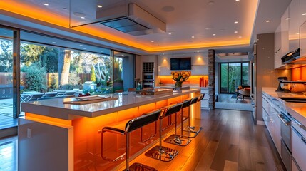Contemporary kitchen with sleek design and orange accent lighting highlights a luxurious interior space.