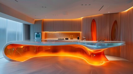 Modern kitchen with a sleek wave-like design and ambient orange lighting enhances the luxurious interior aesthetic.