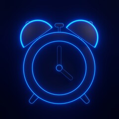 Alarm clock with bright glowing futuristic blue neon lights on black background. 3D icon, sign and symbol. Cartoon minimal style. 3D render illustration