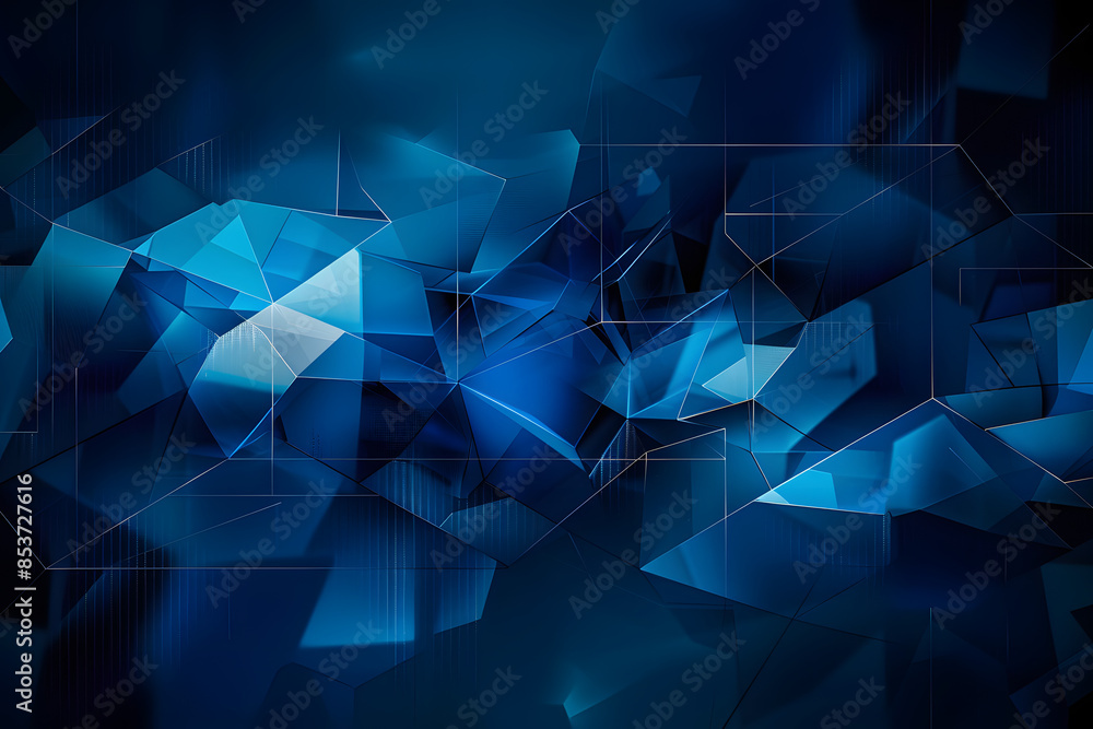 Poster the image captures an array of dynamic blue geometric shapes overlaid on a dark, mysterious backdrop