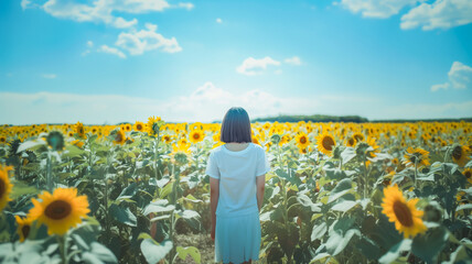 Fototapeta premium ひまわり畑に立つ女性の後ろ姿