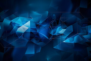 The image captures an array of dynamic blue geometric shapes overlaid on a dark, mysterious backdrop