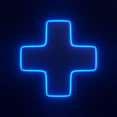 Obraz premium Plus sign with bright glowing futuristic blue neon lights on black background. 3D icon, sign and symbol. Cartoon minimal style. 3D render illustration