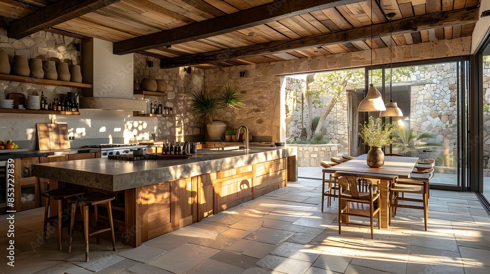 Wall mural A modern rustic kitchen interior with warm natural lighting and a spacious layout featuring wooden elements and stone walls. 