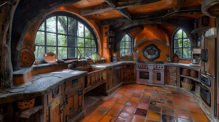 Obraz premium A rustic and warmly lit kitchen interior with wooden cabinets and a large arched window. 