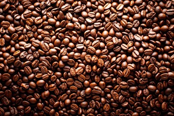 Fototapeta premium Toasted coffee seeds. Close up. Flay lay. Dark hot drink. Top to down view