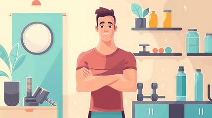 Young Man with Fitness Equipment in a Modern Home Gym Setting