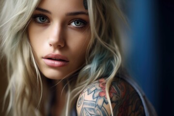 Fototapeta premium tattooed girl against the background of a tattoo salon portrait close-up