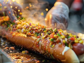 Close-up of a mouth-watering chicago-style hot dog being prepared at a street stand, with various colorful toppings including mustard, pickles, onions, and relish.