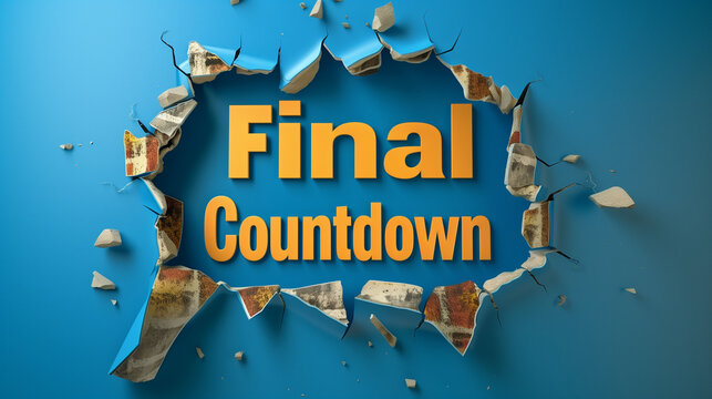 Final countdown in ripped wall hole against blue background