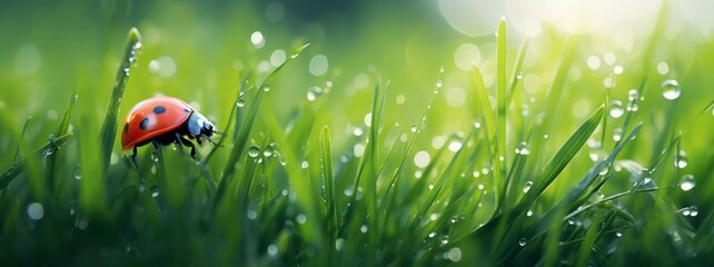 Ladybug on the grass, beautiful summer background, dew on the grass in the sunlight.  Banner