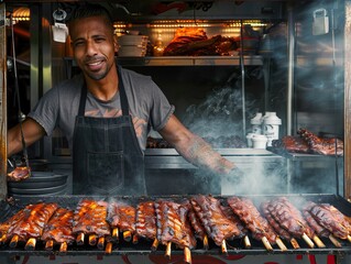 Succulent, tender, and delicious traditional southern bbq ribs being served at a vibrant food truck in a bustling urban setting, showcasing the rich flavors and culinary delights of southern cuisine.