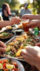 A group of food enthusiasts on a gourmet taco sampling tour at a trendy food truck in austin, texas. They are savoring and discussing the unique flavors and ingredients of the delicious tacos.