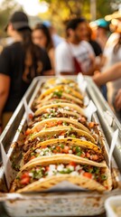 A group of food enthusiasts on a gourmet taco sampling tour at a trendy food truck in austin, texas. They are savoring and discussing the unique flavors and ingredients of the delicious tacos.