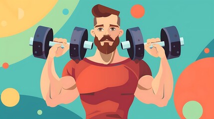 Fit Male Cartoon Character Lifting Weights - Vibrant Colors Background